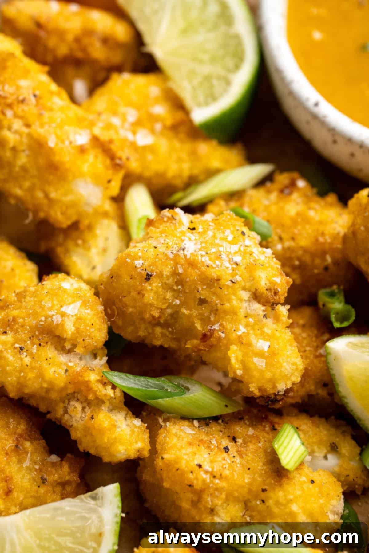 If you love your heat with a side of sweet, these mango habanero cauliflower wings will blow your tastebuds away. An easy crowd-pleaser! Closeup of mango habanero cauliflower wings