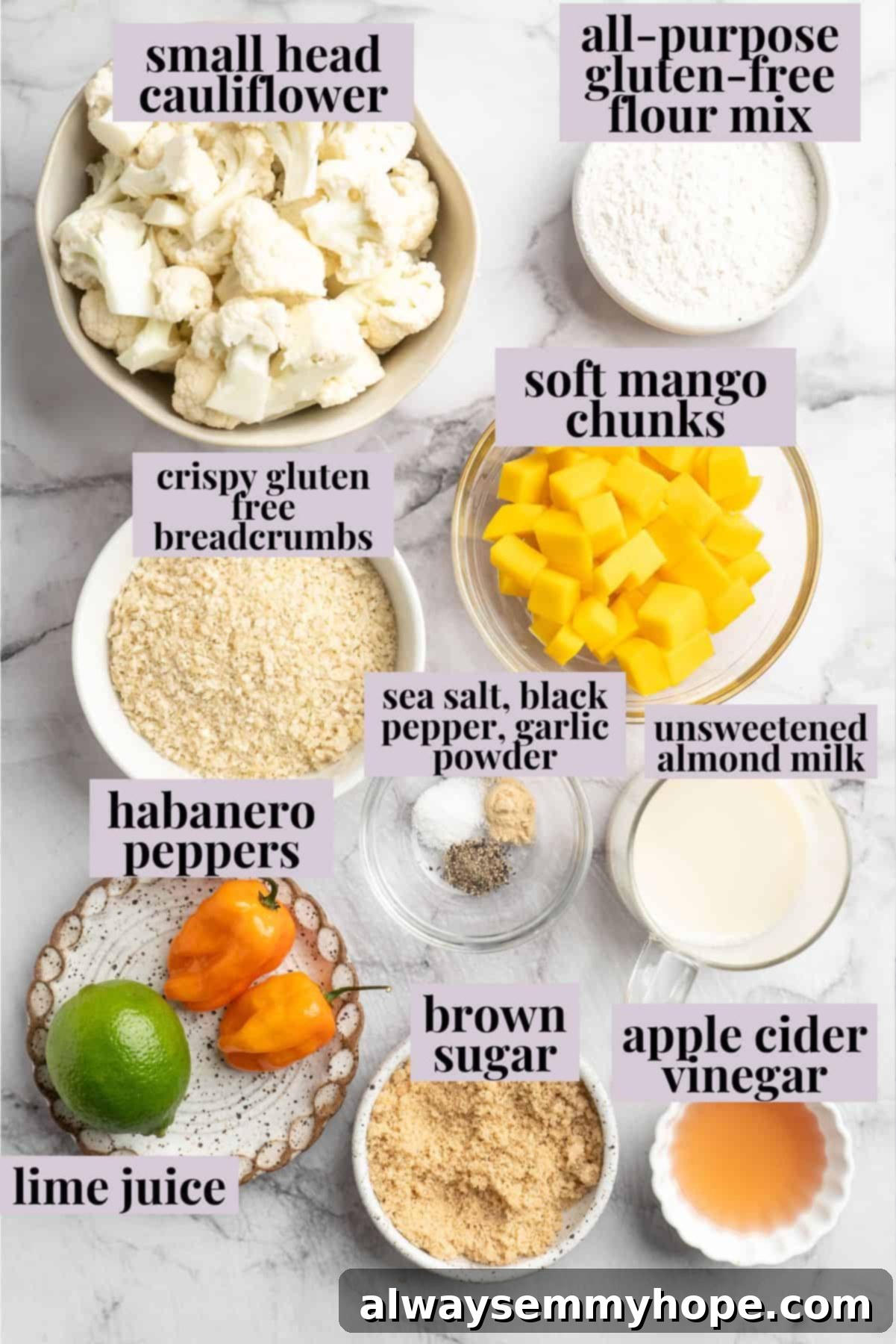 If you love your heat with a side of sweet, these mango habanero cauliflower wings will blow your tastebuds away. An easy crowd-pleaser! Overhead view of ingredients for mango habanero cauliflower wings with labels