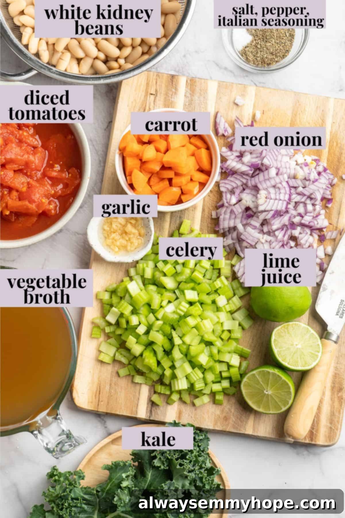 Overhead view of fresh ingredients for white bean and kale soup before cooking