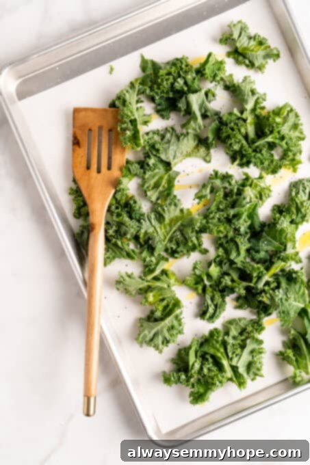 This vegan Buddha bowl is a flavor-packed meal brimming with caramelised roasted veggies, crispy chickpeas, tender baked tofu, and more! Overhead view of seasoned kale leaves spread on a parchment-lined sheet pan, ready to be baked into chips.