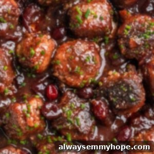 Overhead view of vegan cranberry meatballs in pan