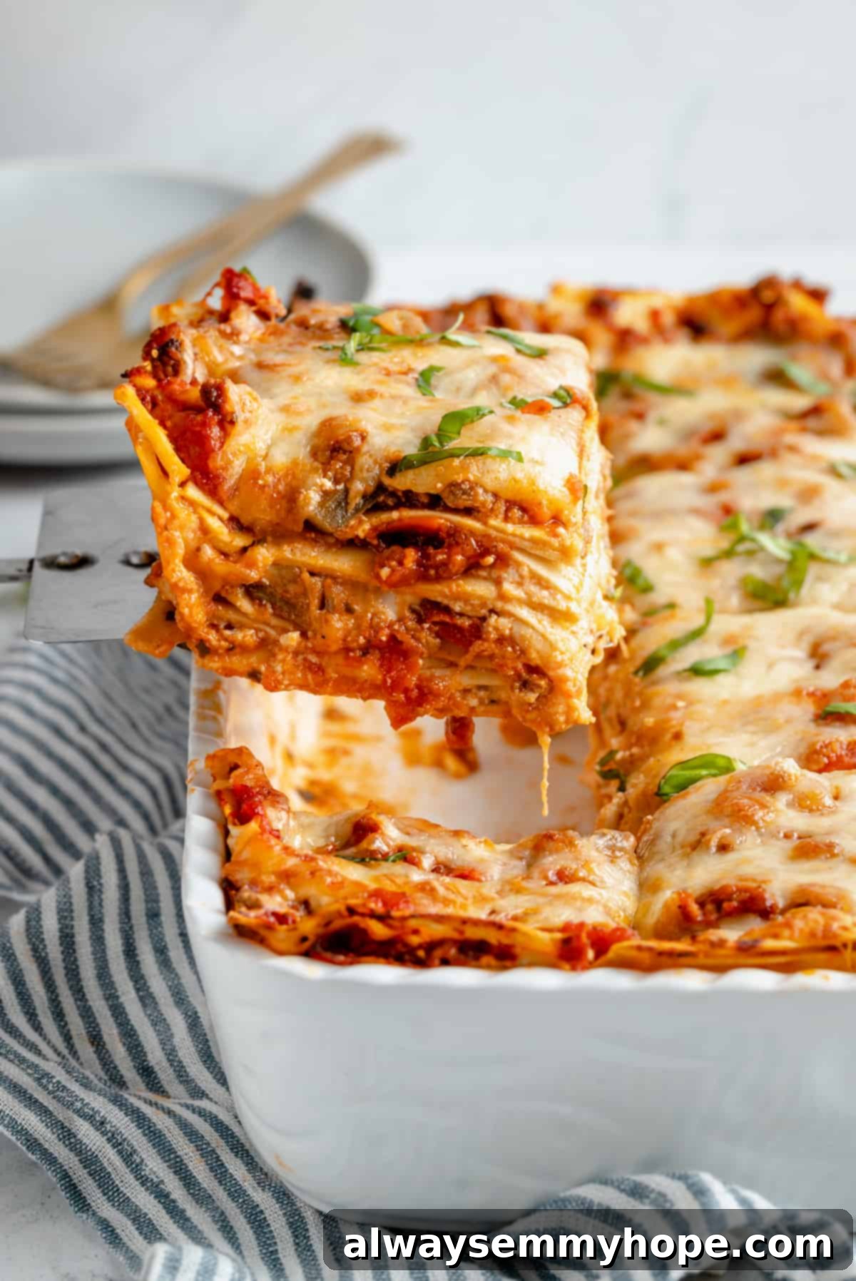 A serving of cheesy vegan lasagna.