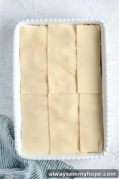 Another layer of lasagna noodles in a baking dish.