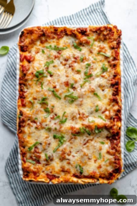 Baked vegan lasagna in a baking dish.