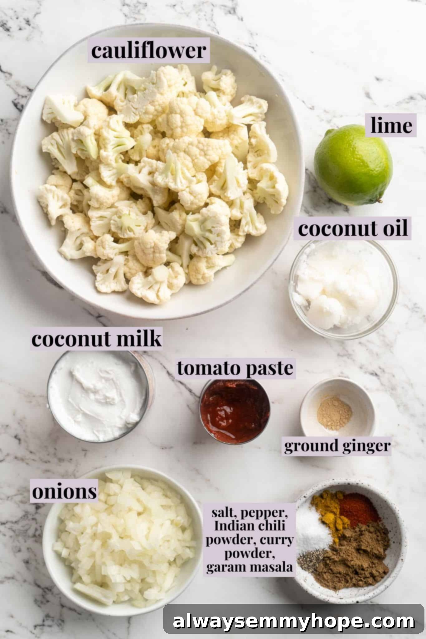 This vegan butter cauliflower starts by marinating the cauliflower in coconut and spices, making it extra delicious. Better than takeout! Overhead view of ingredients for butter cauliflower with labels