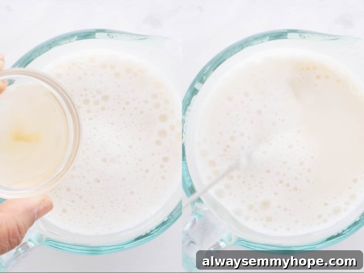 First step in making vegan cornbread: mixing vegan milk and apple cider vinegar to create buttermilk.