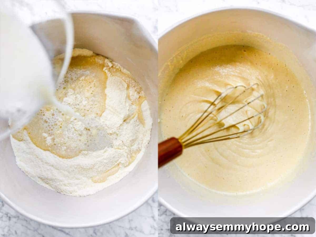 Wet ingredients being poured into a bowl of dry ingredients for vegan cornbread.