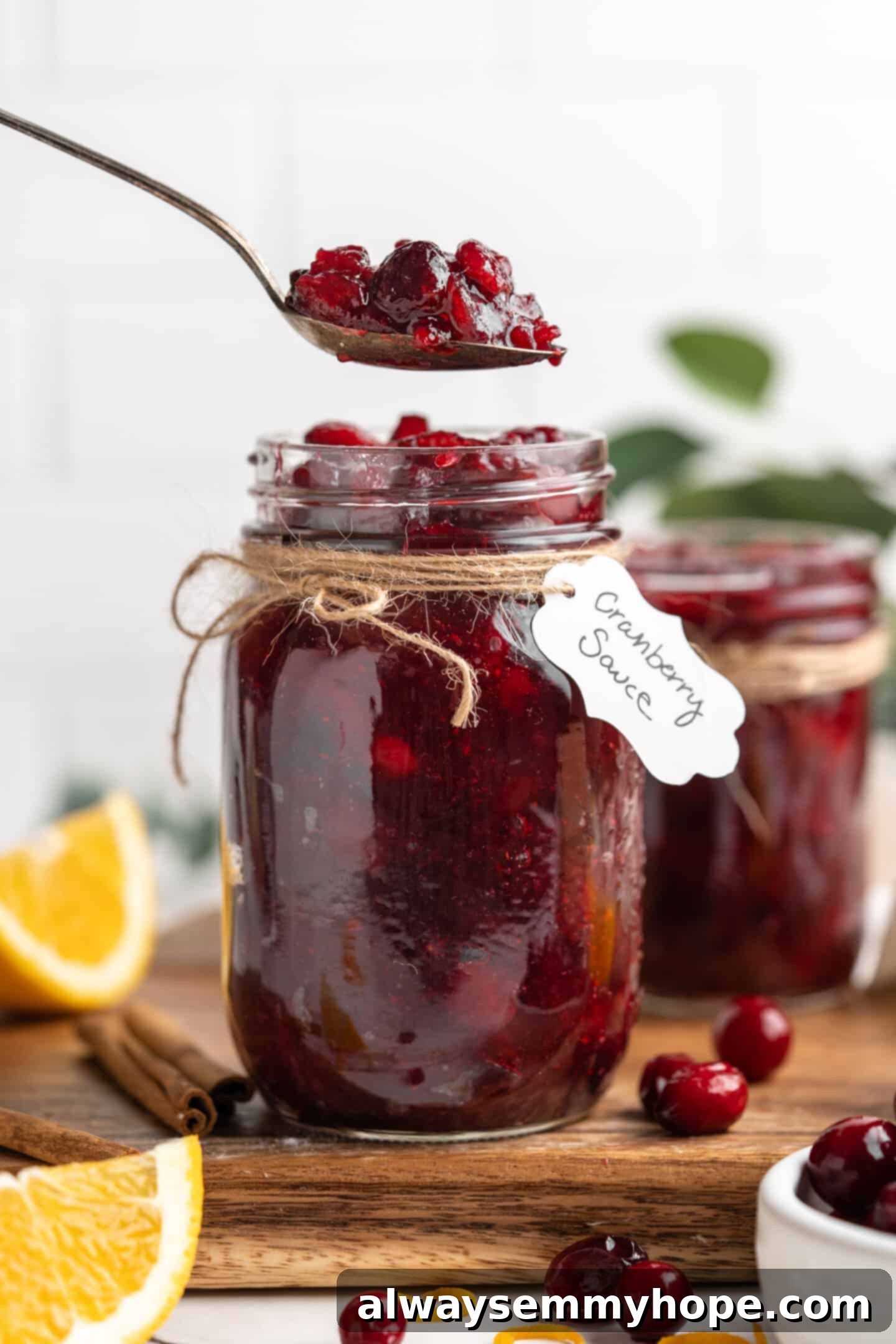 Spoonful of cranberry orange sauce held over jar