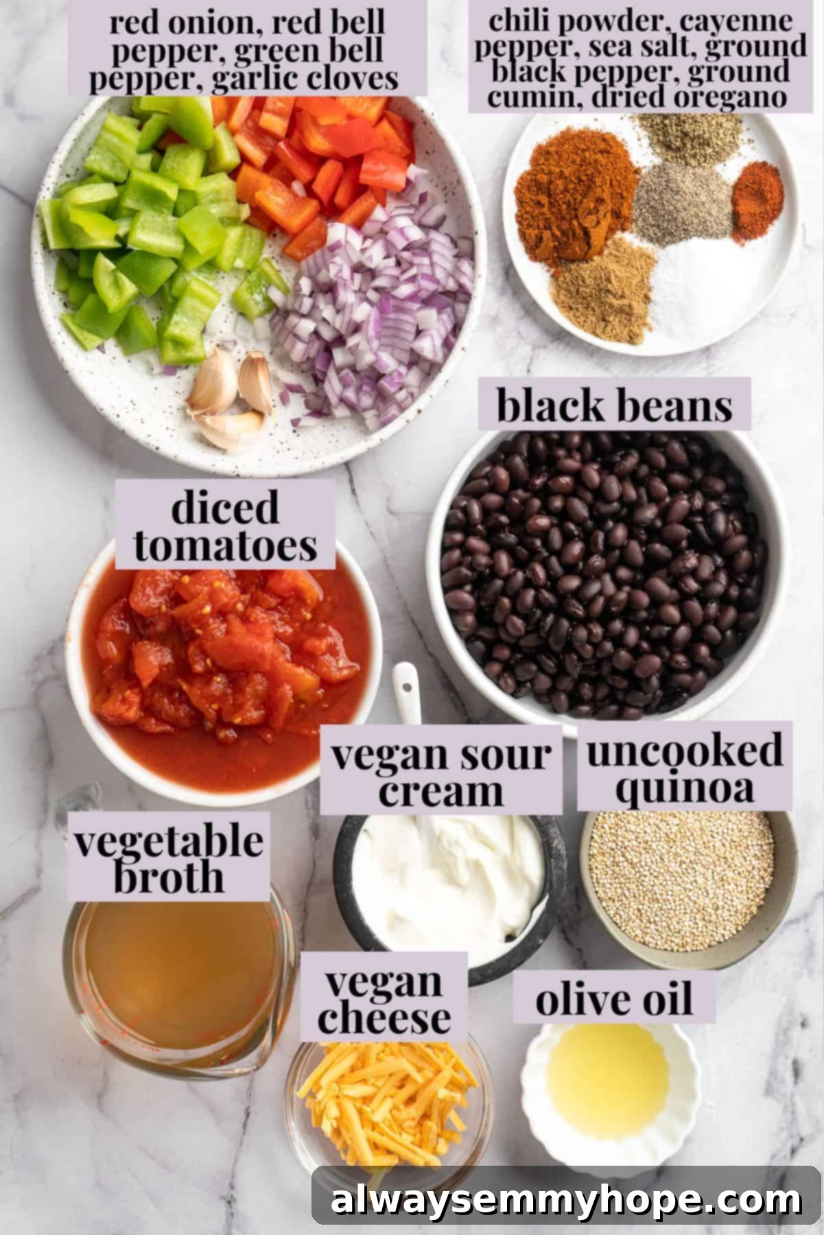 This vegan chili cornbread casserole is one of the BEST casseroles ever! The secret? Sweet, crispy cornbread baked on top of delicious chili. Overhead view of ingredients for chili in chili cornbread casserole with labels, including fresh vegetables, canned goods, and spices