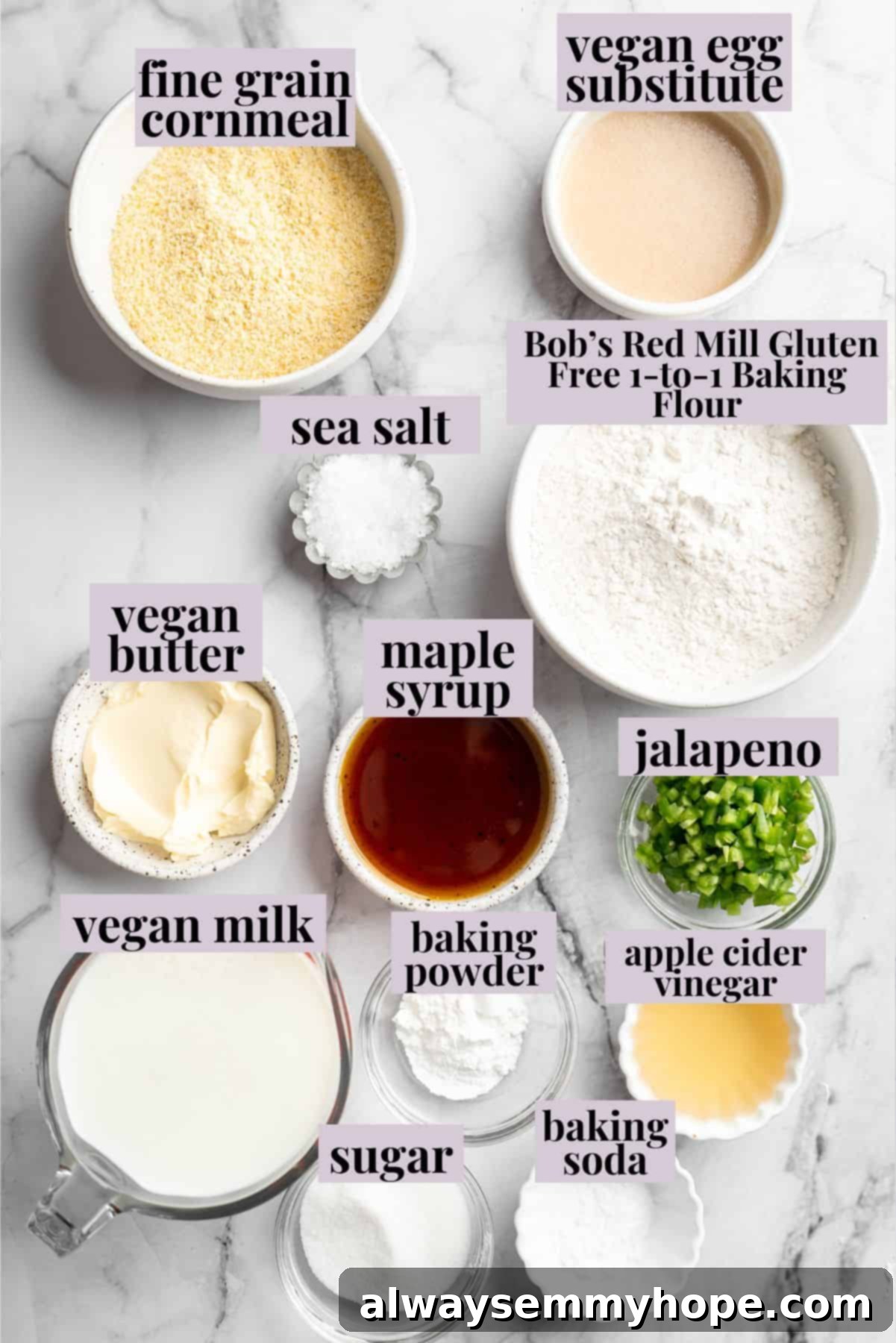 This vegan chili cornbread casserole is one of the BEST casseroles ever! The secret? Sweet, crispy cornbread baked on top of delicious chili. Overhead view of ingredients for cornbread topping for chili cornbread casserole with labels, including cornmeal, flour, vegan butter, and maple syrup