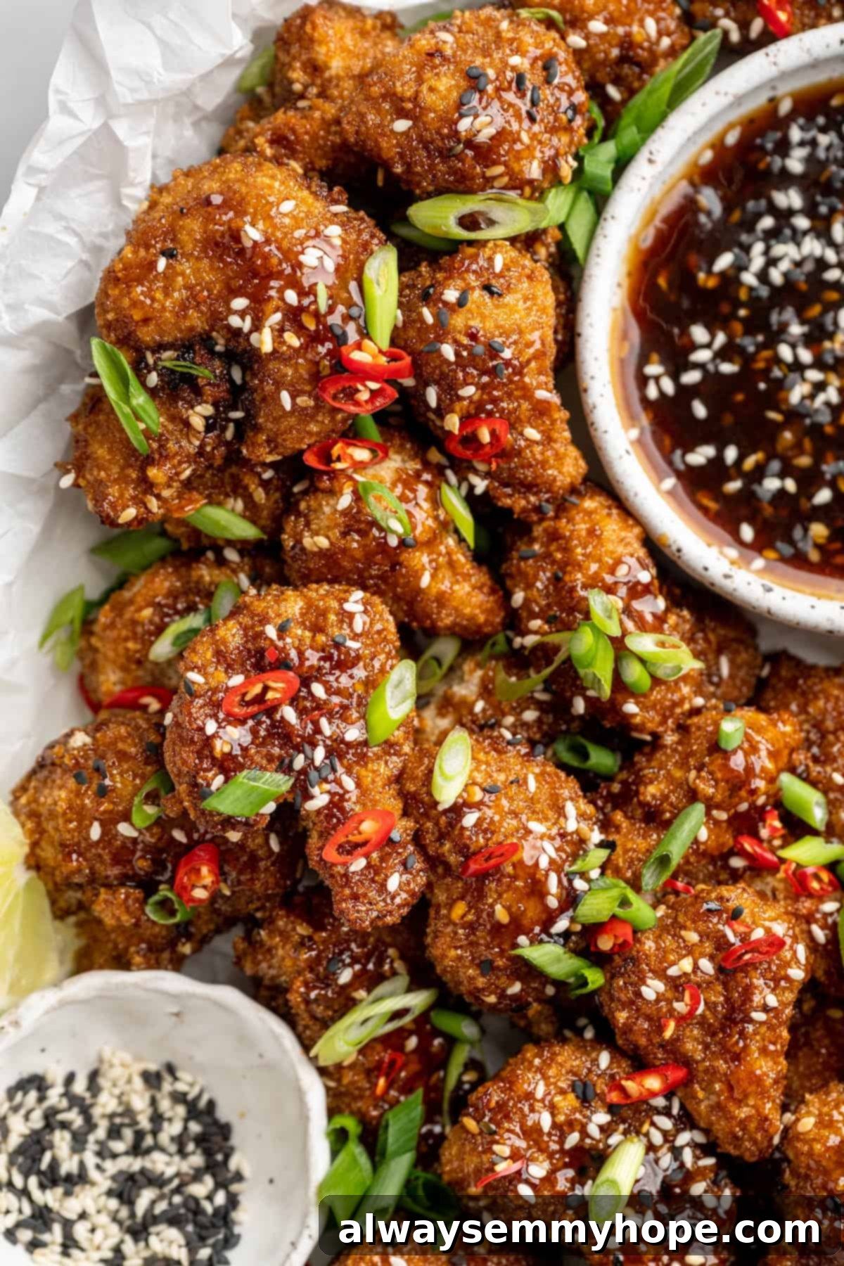 Platter of General Tso cauliflower with bowl of sauce