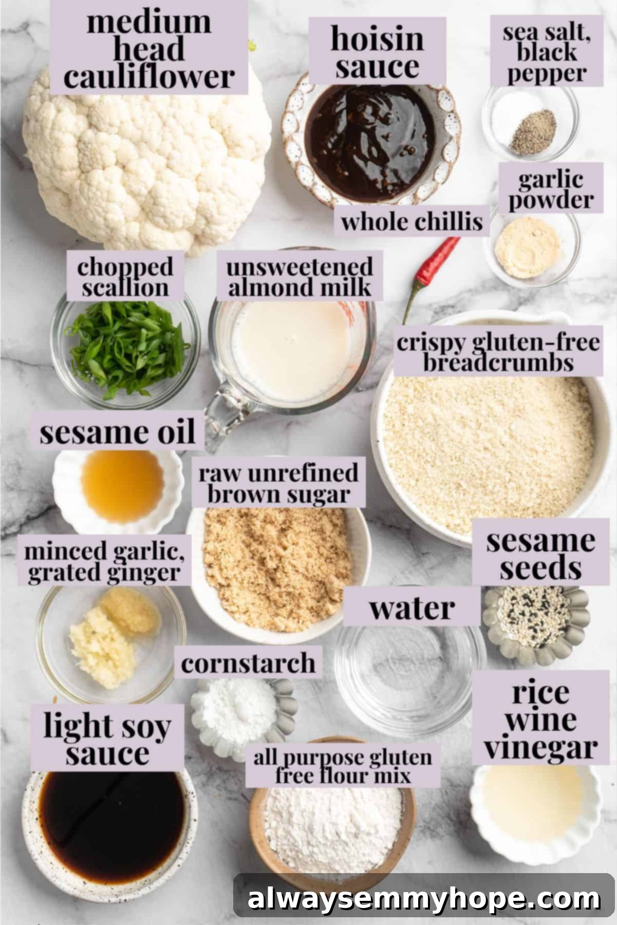 Overhead view of ingredients for General Tso cauliflower with labels