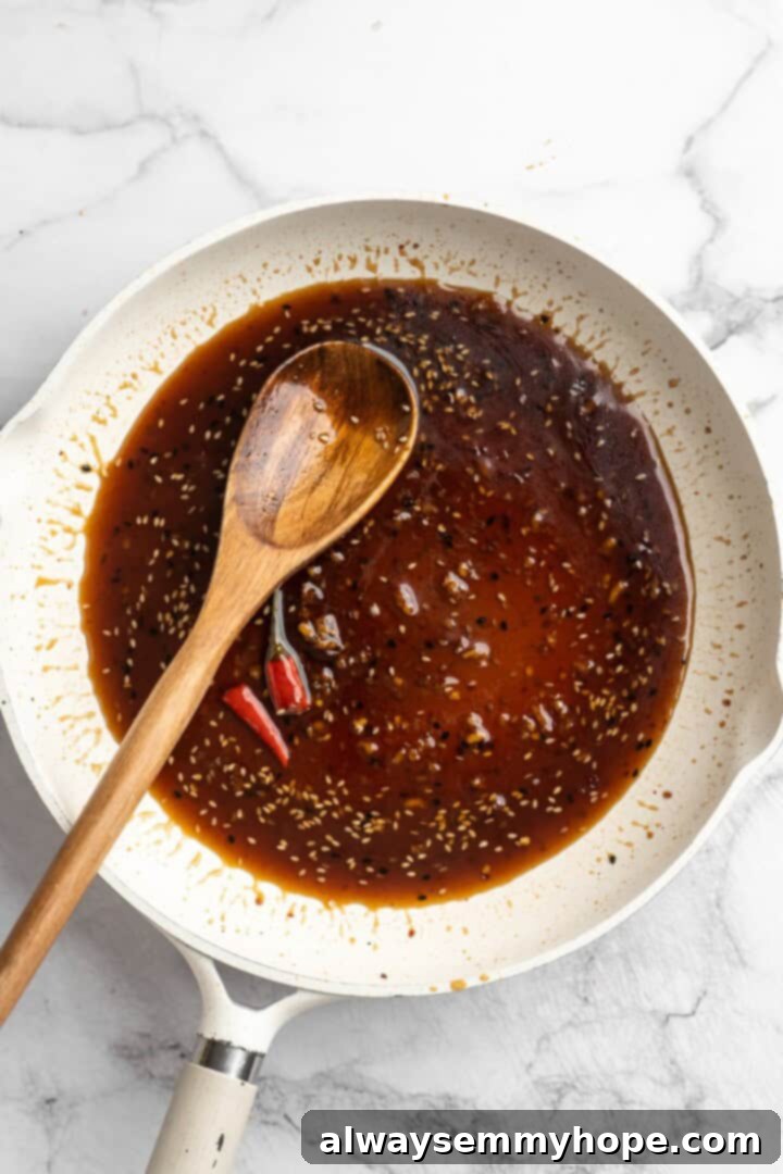 Overhead view of General Tso sauce in pan