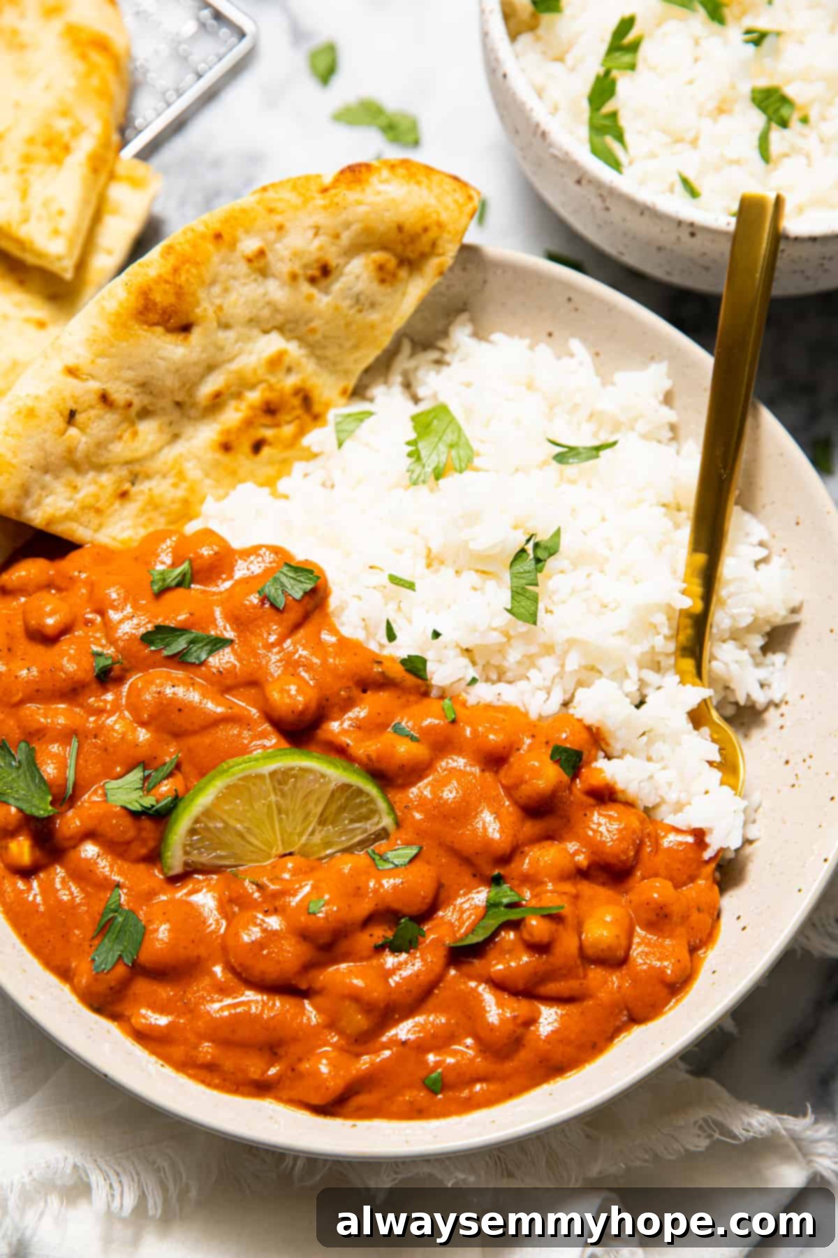 Spicy vegan tikka masala with rice and naan.