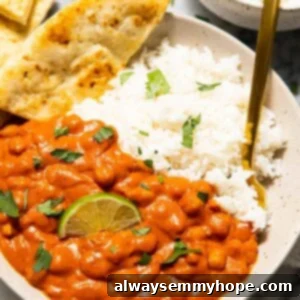 Spicy vegan tikka masala with rice and naan.
