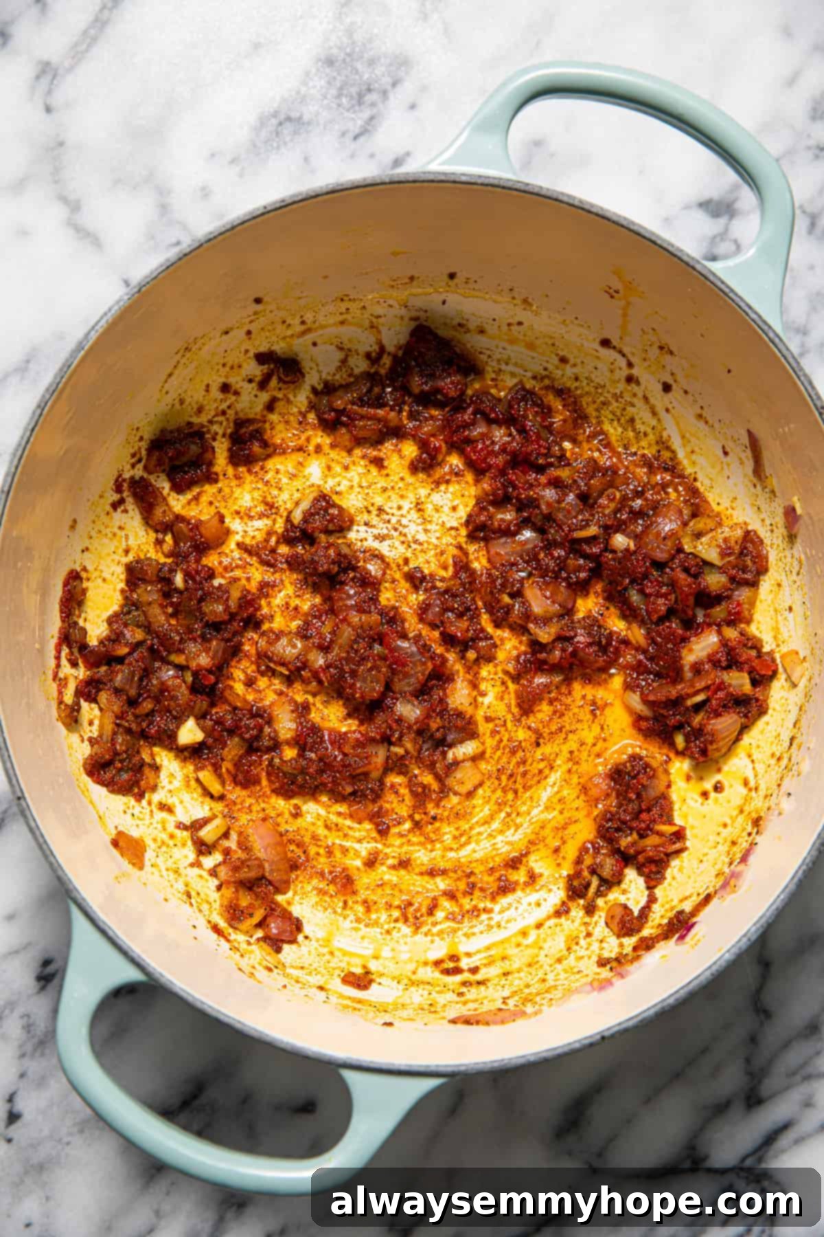 Onions and garlic with garam masala and other spices.