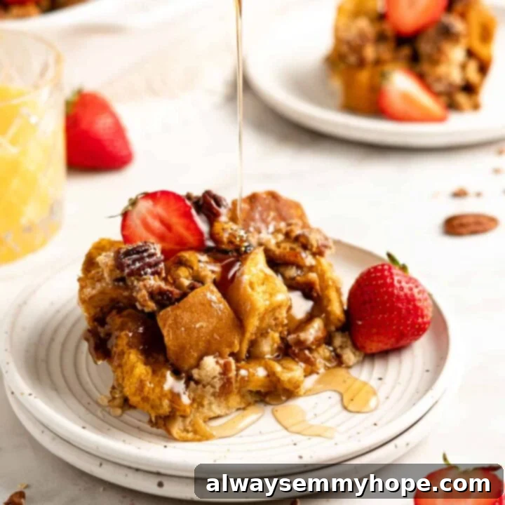 80+ Vegan Thanksgiving Feast Recipes 11 A golden-brown vegan overnight baked French toast casserole, topped with crunchy pecans and a maple glaze, perfect for a holiday breakfast.