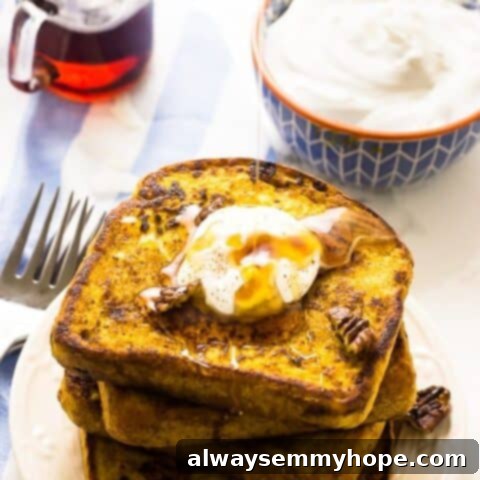80+ Vegan Thanksgiving Feast Recipes 13 Plates of golden-brown vegan pumpkin French toast, drizzled with maple syrup and topped with powdered sugar.