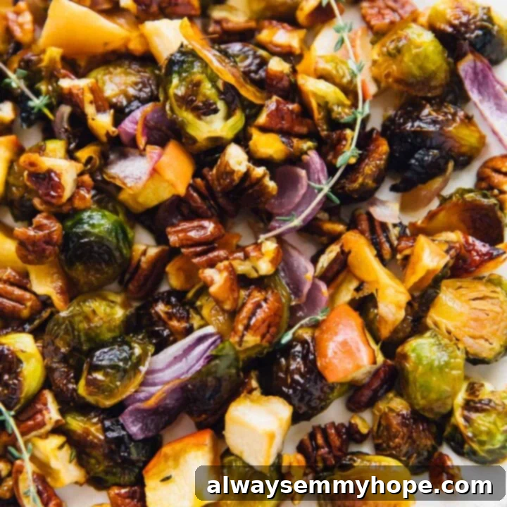 80+ Vegan Thanksgiving Feast Recipes 43 Maple roasted Brussels sprouts with tender apples and crunchy pecans, a delicious and vibrant fall side dish.