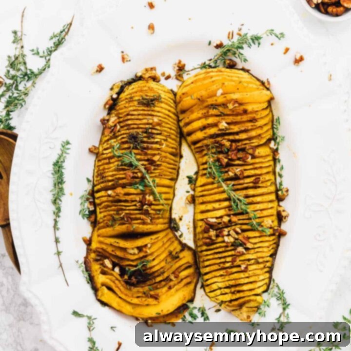 80+ Vegan Thanksgiving Feast Recipes 46 Beautifully scored Hasselback butternut squash drizzled with a rich maple pecan sauce, baked to golden perfection.