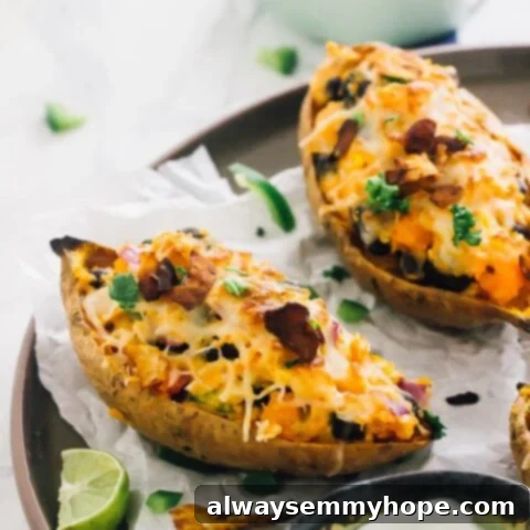 80+ Vegan Thanksgiving Feast Recipes 47 Crispy loaded sweet potato skins, stuffed with a flavorful Tex-Mex filling and topped with vegan coconut bacon.