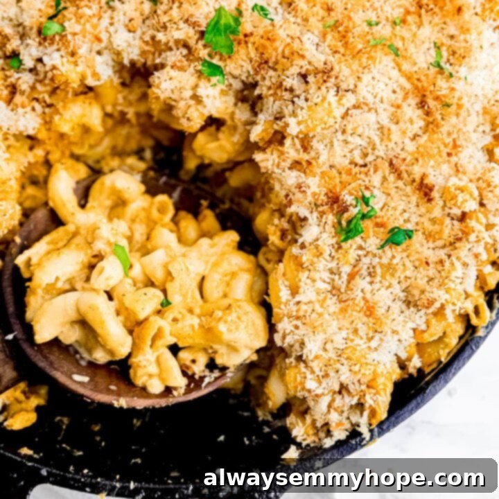 80+ Vegan Thanksgiving Feast Recipes 56 A golden-brown baked vegan mac and cheese, creamy and comforting, with a crispy breadcrumb topping.