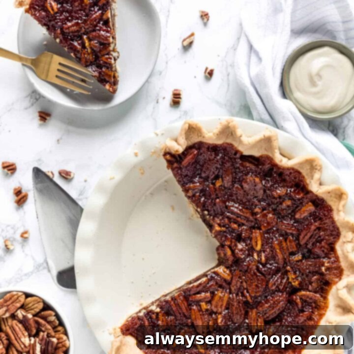 80+ Vegan Thanksgiving Feast Recipes 61 A slice of rich vegan pecan pie with a glossy, nutty filling and a flaky crust, perfect for a holiday dessert.