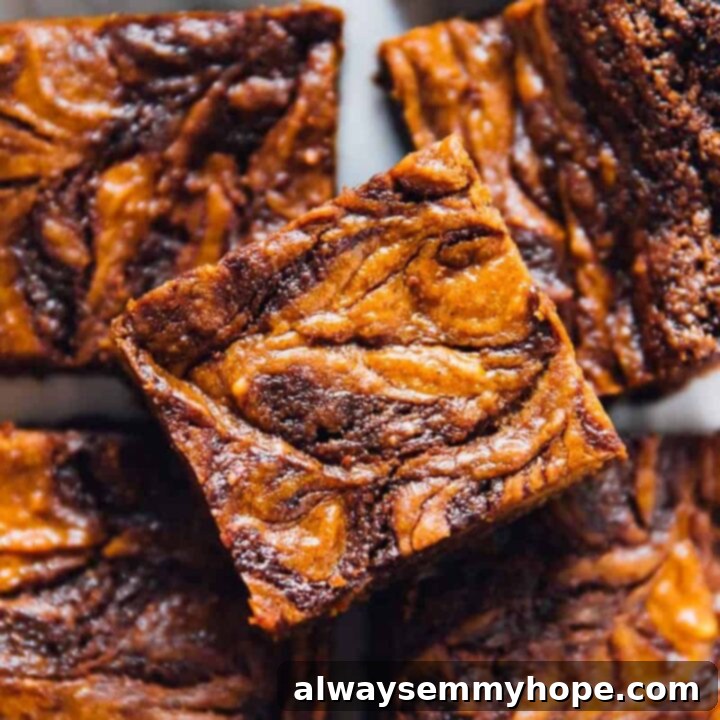 80+ Vegan Thanksgiving Feast Recipes 68 Rich vegan pumpkin cheesecake swirl brownies with a beautiful marbled pattern, a festive fall treat.