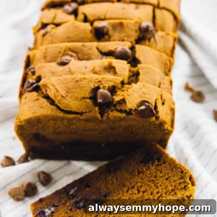 80+ Vegan Thanksgiving Feast Recipes 69 A moist and fluffy vegan chocolate chip pumpkin bread, sliced and ready for serving.