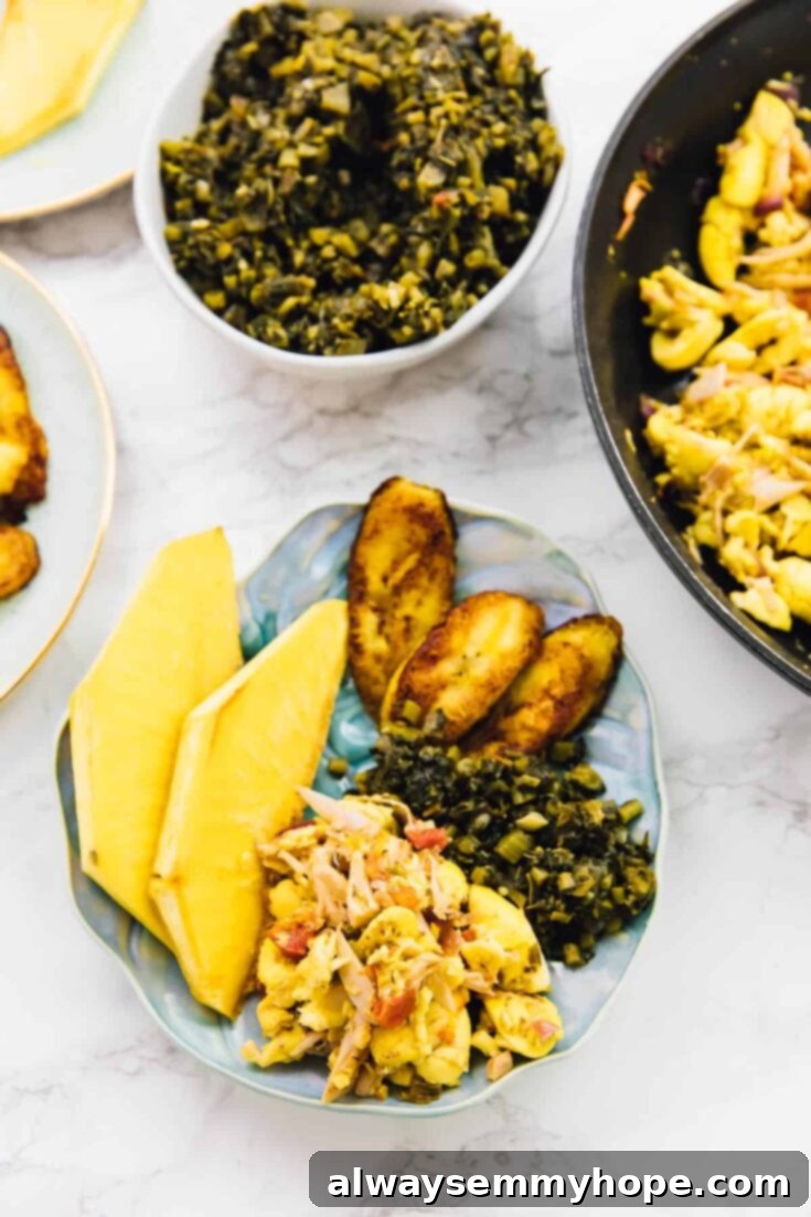 A plate of vibrant vegan ackee and saltfish, a traditional Jamaican breakfast.