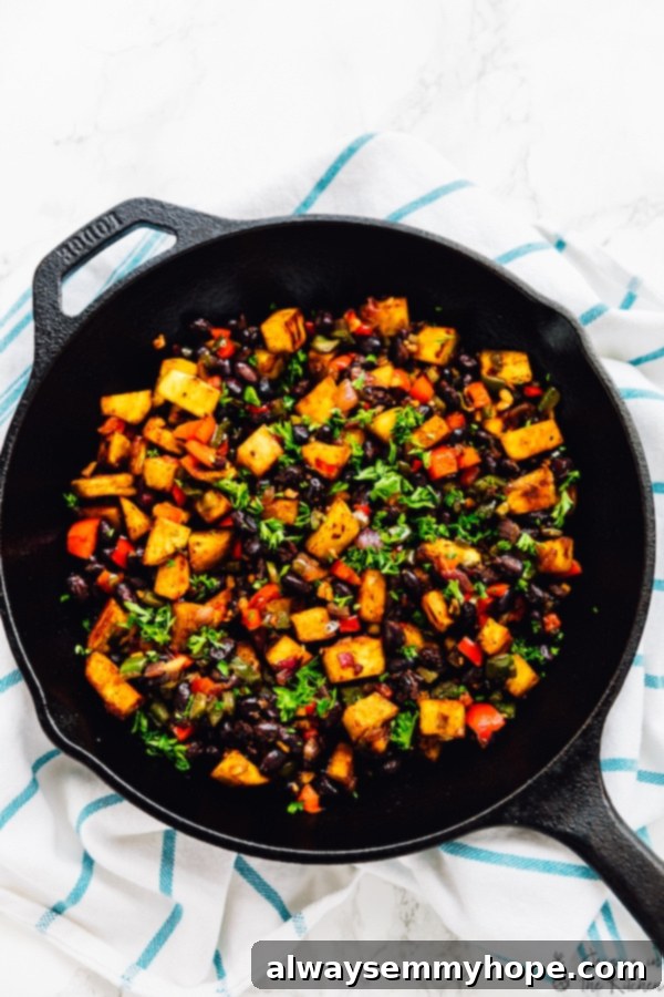 A savory sweet potato breakfast hash with herbs.
