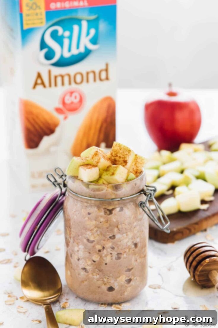 Apple cinnamon overnight oats topped with apple slices.