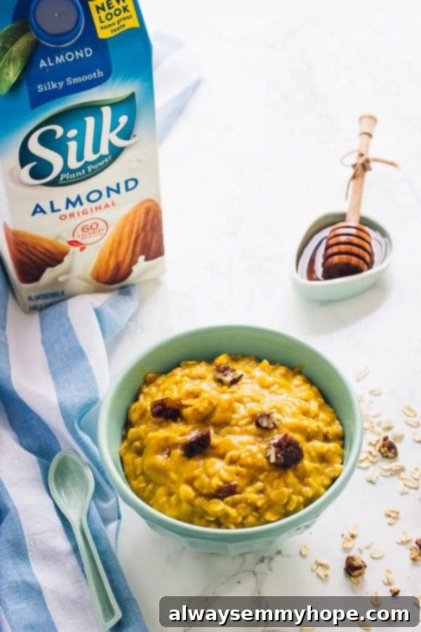 Pumpkin pie overnight oats in a jar, ready for an easy breakfast.