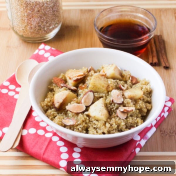 Warm cinnamon apple maple quinoa bowl topped with apple slices.