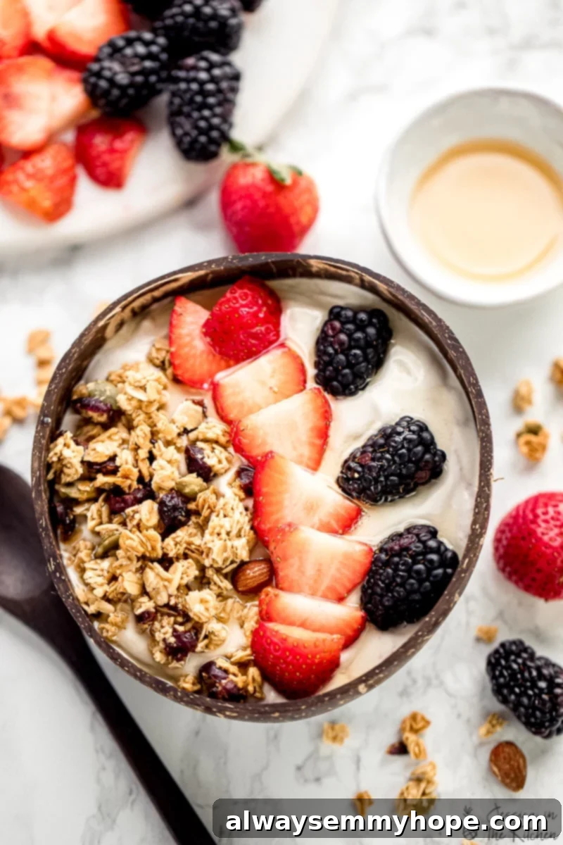 Luscious Homemade Vegan Yogurt 2 Vegan yogurt in a bowl, topped with berries and granola.