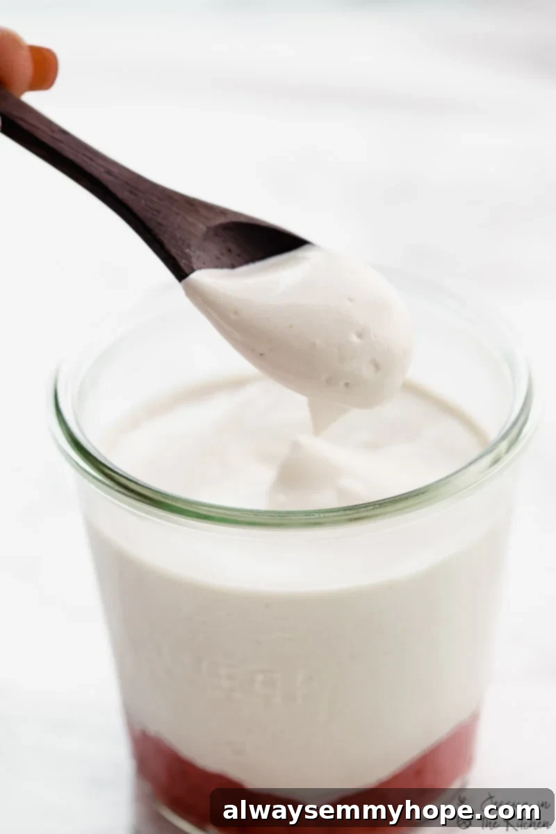 Luscious Homemade Vegan Yogurt 3 A spoon scooping out some vegan yogurt from a glass.