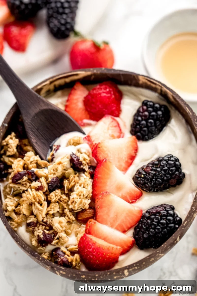 Luscious Homemade Vegan Yogurt 5 A spoon dipping into a bowl of vegan yogurt, topped with berries and granola.