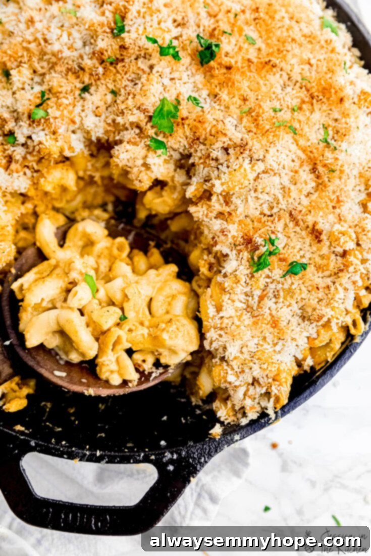 Score Big with 30 Vegan Super Bowl Recipes 6 Baked Vegan Mac and Cheese in a casserole dish, topped with golden breadcrumbs.