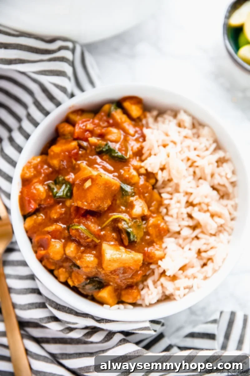 One-Pot Wonder Sweet Potato Curry 5 Overhead view of sweet potato curry with rice and fresh cilantro in a bowl.