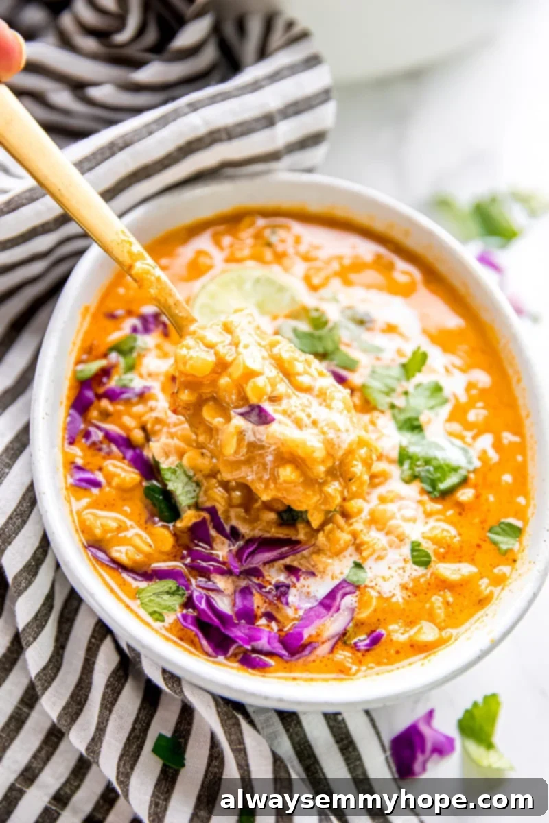 This vegan coconut curry lentil soup is rich, creamy, hearty, and full of rich winter flavors. It's an easy, one-pot, 40-minute meal - enjoy! A vibrant bowl of vegan coconut curry lentil soup, generously topped with fresh shredded purple cabbage, bright green parsley, and a drizzle of creamy coconut milk. A spoon is gently scooping a hearty spoonful, highlighting the soup's rich texture and inviting warmth.