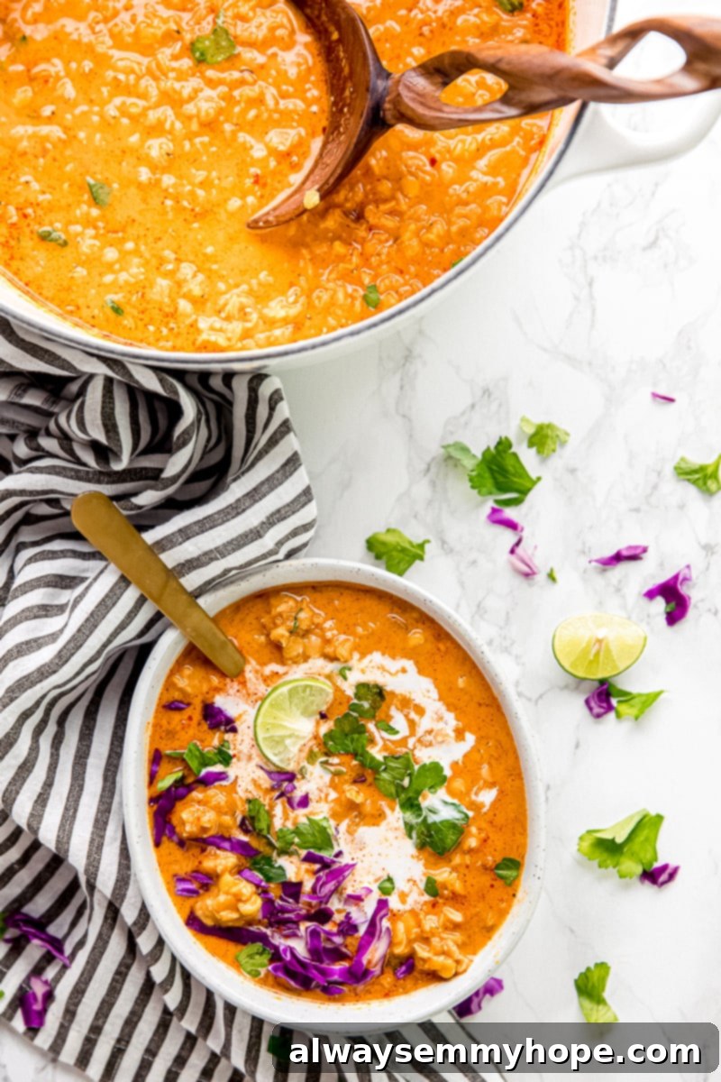This vegan coconut curry lentil soup is rich, creamy, hearty, and full of rich winter flavors. It's an easy, one-pot, 40-minute meal - enjoy! Two bowls of creamy vegan coconut curry lentil soup. The front bowl is garnished with fresh parsley, shredded purple cabbage, a swirl of coconut milk, and a lime wedge, with a spoon nestled in. In the background, a larger serving bowl of the same soup with a serving spoon invites sharing.