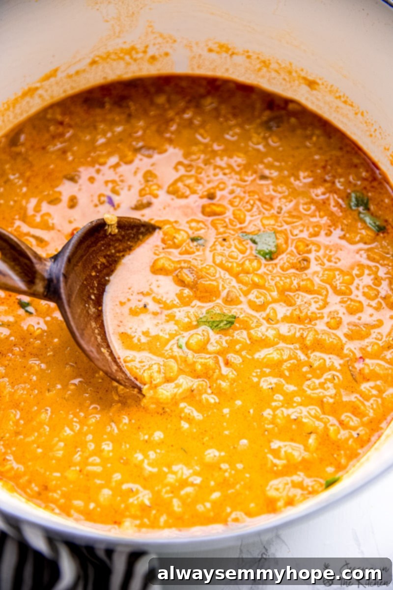 This vegan coconut curry lentil soup is rich, creamy, hearty, and full of rich winter flavors. It's an easy, one-pot, 40-minute meal - enjoy! A serving spoon actively stirring a large bowl of luscious vegan coconut curry lentil soup, showcasing its thick and creamy texture. The steam rising suggests its comforting warmth.