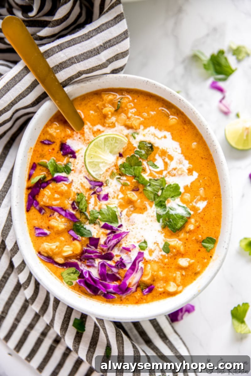 This vegan coconut curry lentil soup is rich, creamy, hearty, and full of rich winter flavors. It's an easy, one-pot, 40-minute meal - enjoy! A top-down view of a generously filled bowl of vegan coconut curry lentil soup, beautifully garnished with fresh lime wedges on the side, a sprinkle of vibrant purple cabbage, green herbs, and a delicate drizzle of coconut milk, with a spoon ready for enjoyment.