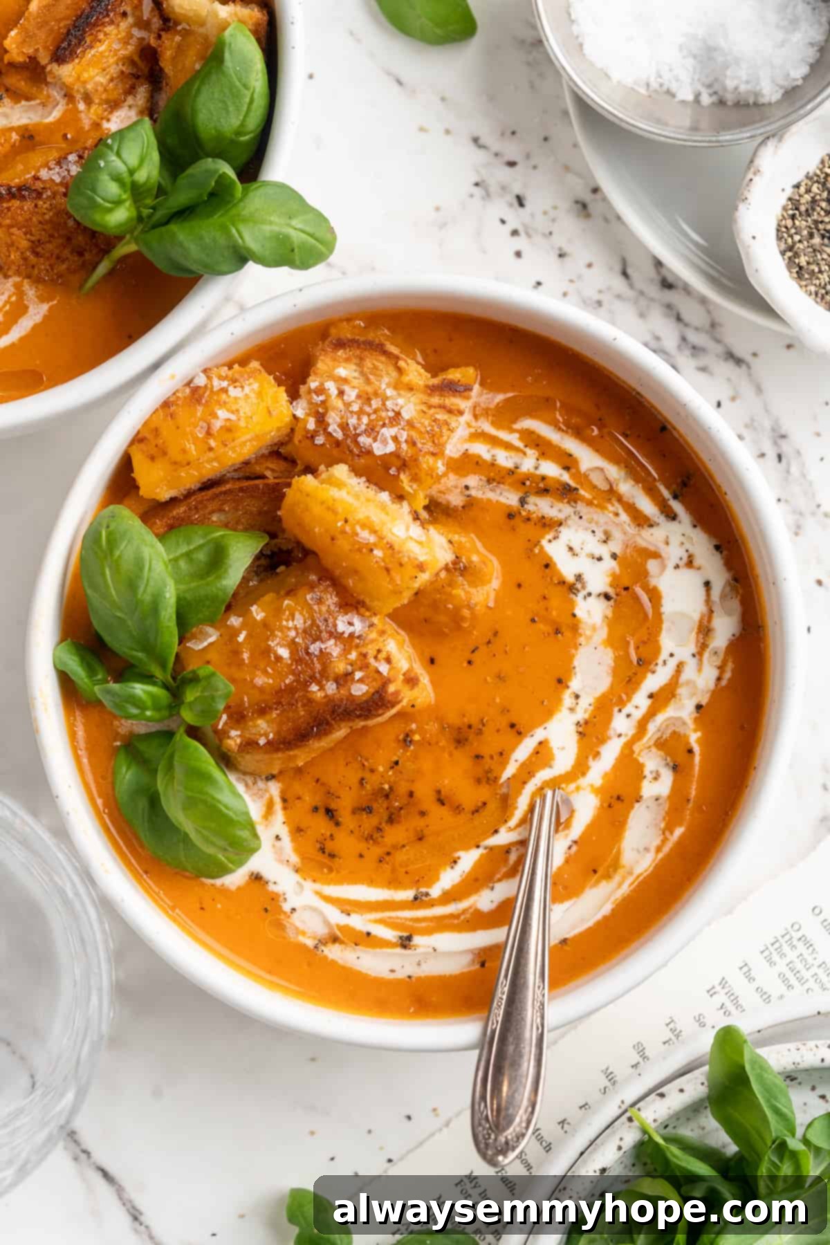 Overhead view of creamy tomato soup with cheesy croutons in a rustic bowl, garnished with fresh herbs.