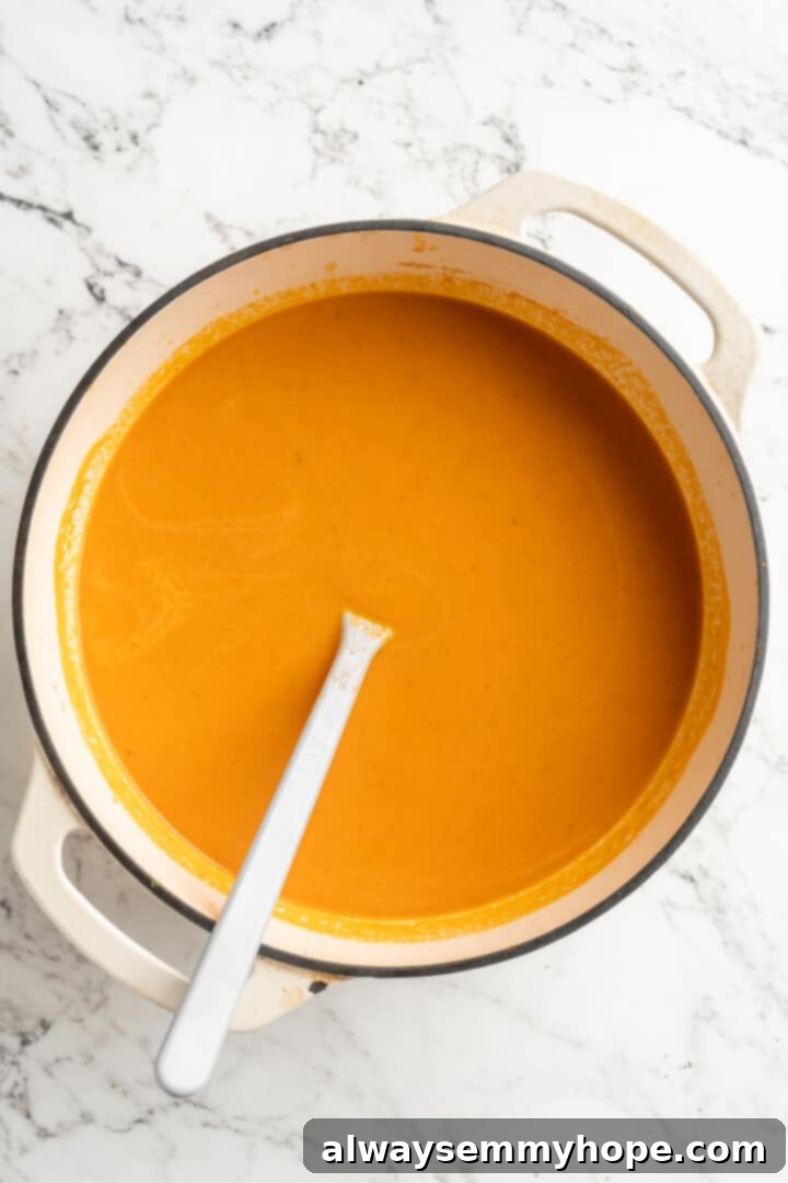 Overhead view of the finished creamy tomato soup in the pot, perfectly blended with cashew cream and ready to serve.