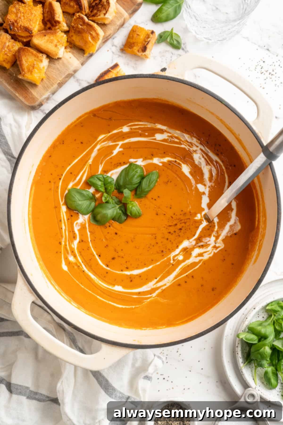 Overhead view of creamy tomato soup in a pot with a beautiful swirl of cashew cream on top, ready for serving.