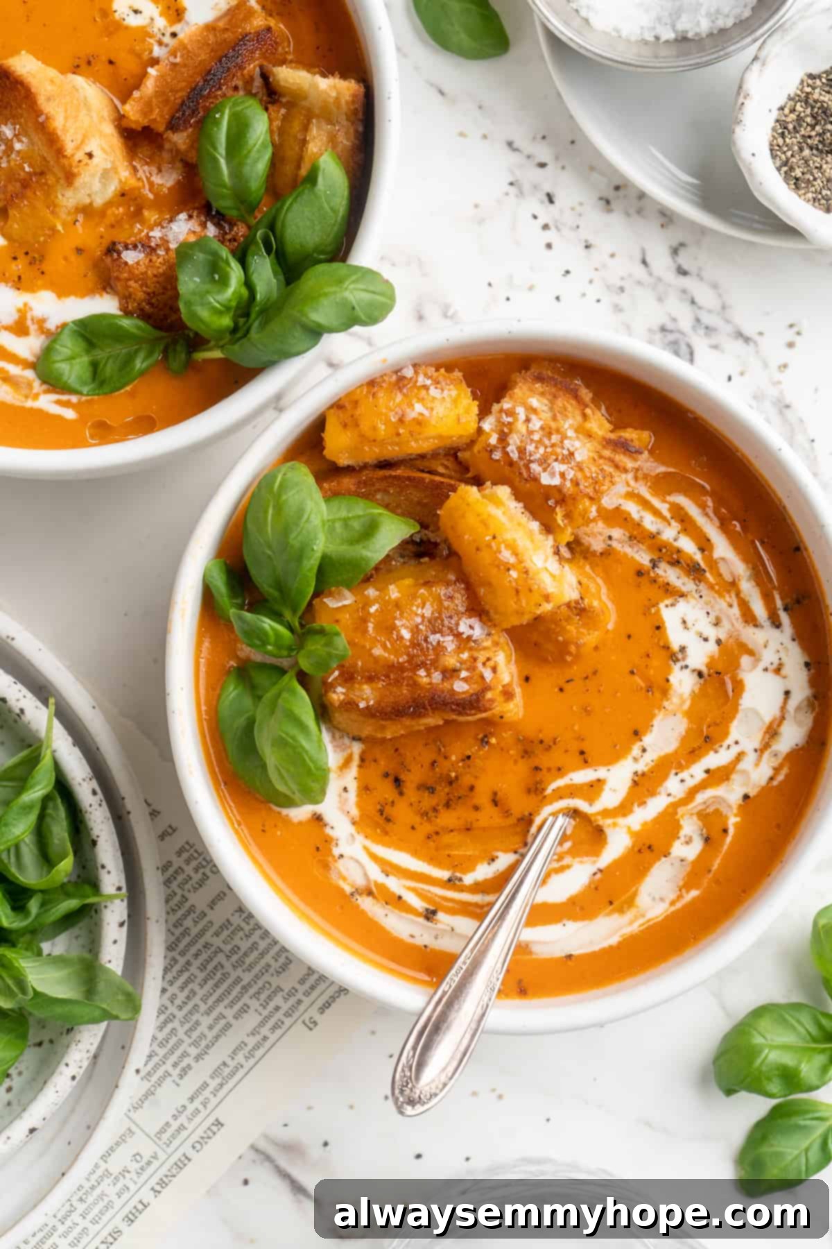 Overhead view of two bowls of creamy tomato soup, each topped with cheesy croutons and garnished with fresh basil.