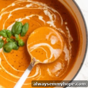 Pot of creamy tomato soup with swirls of cashew cream