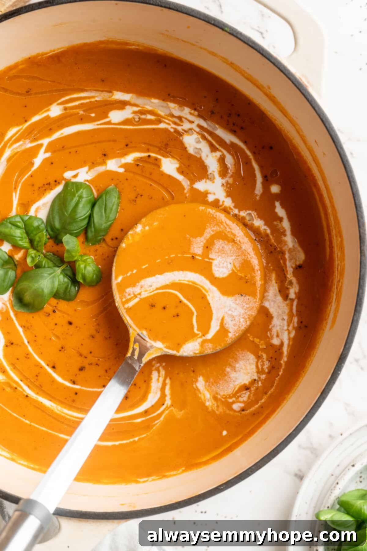 Close-up of a pot of creamy tomato soup with visible swirls of cashew cream, highlighting its smooth and rich texture.