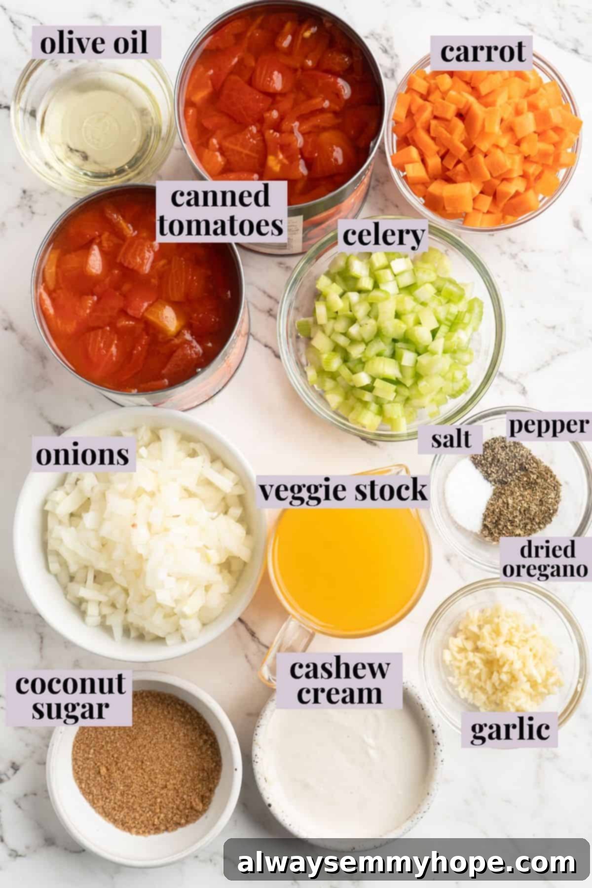 Overhead view of all the fresh ingredients for creamy tomato soup with cheesy croutons laid out on a wooden surface.
